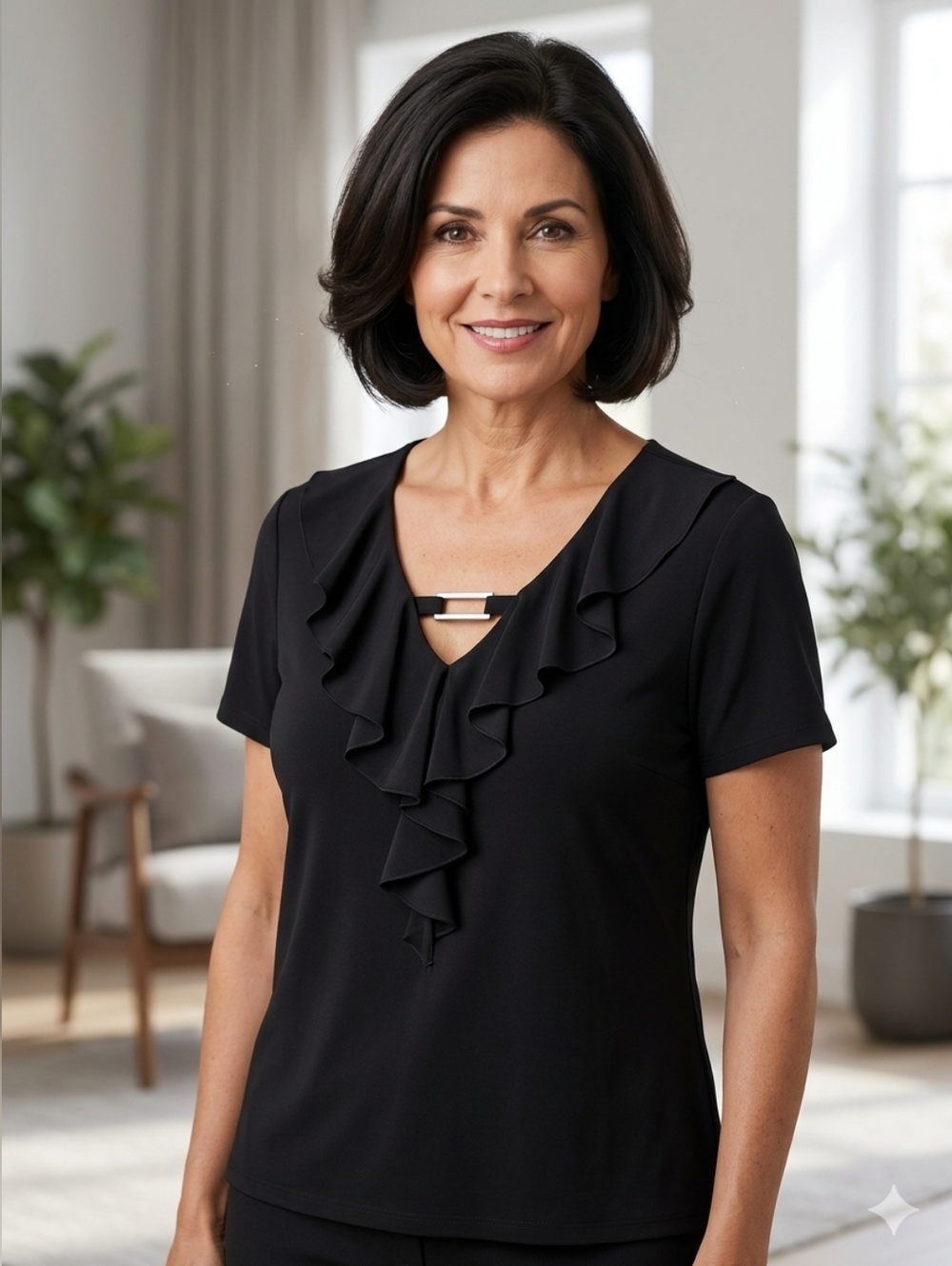 Studio Works Black Ruffled V-Neck Short Sleeve Blouse